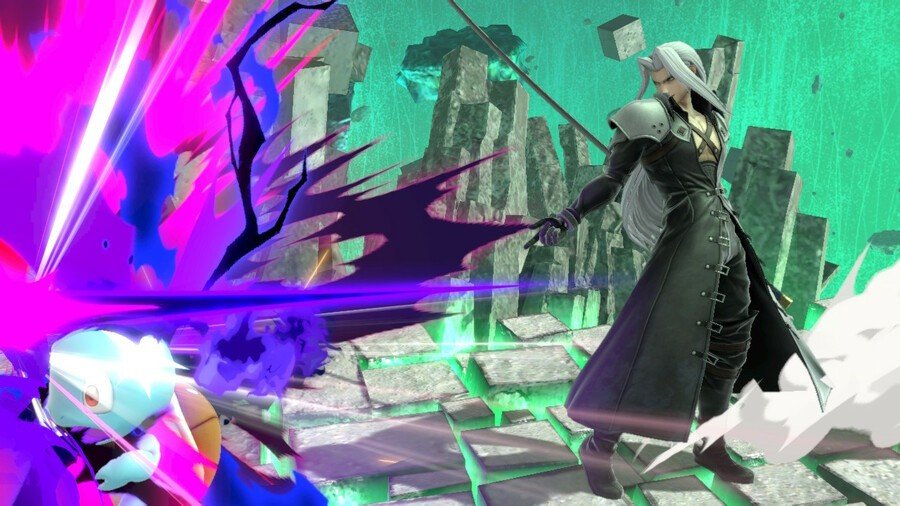 Sephiroth uses a Shadow Flare attack on Squirtle